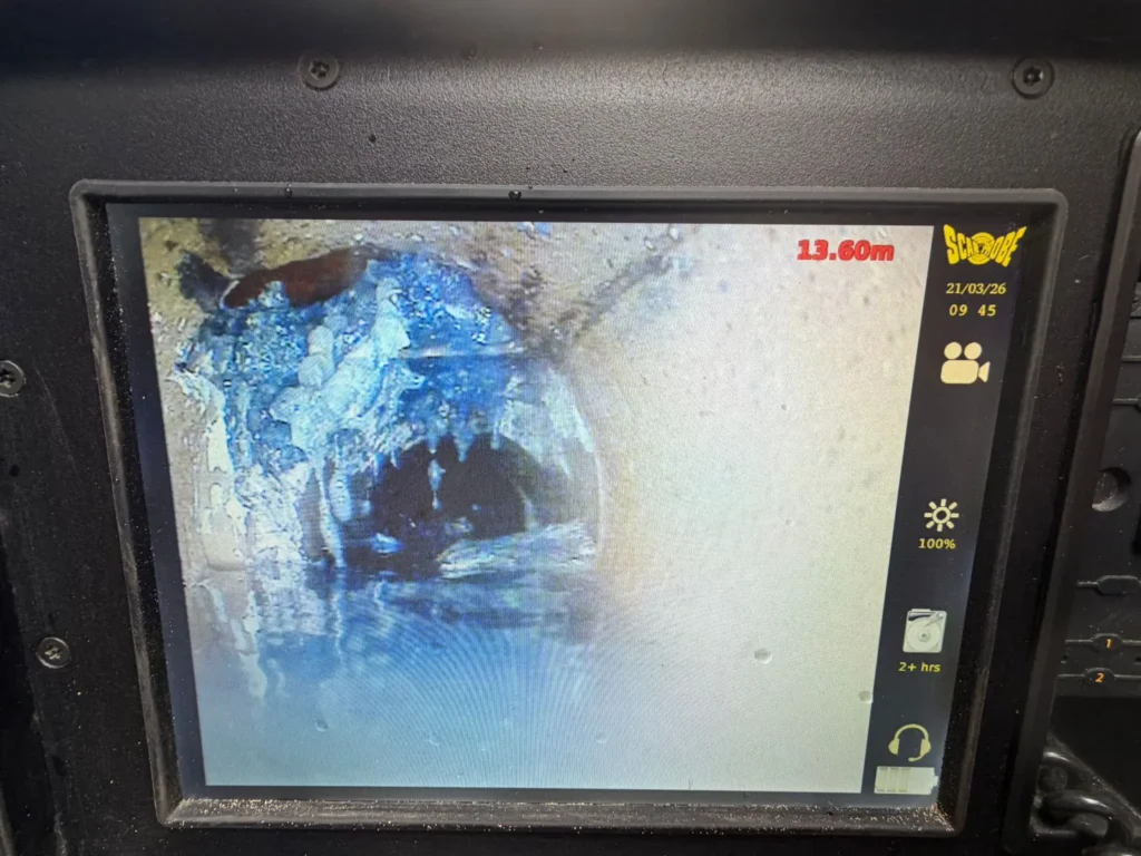 CCTV computer screen showing blocked sewage drain